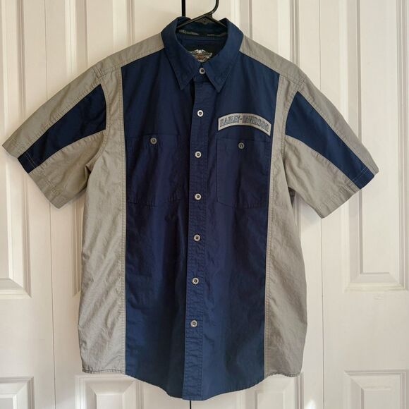 Harley Davidson Mechanic Shirt Gray & Blue Short Sleeve Button Up - Men's M - Picture 1 of 9